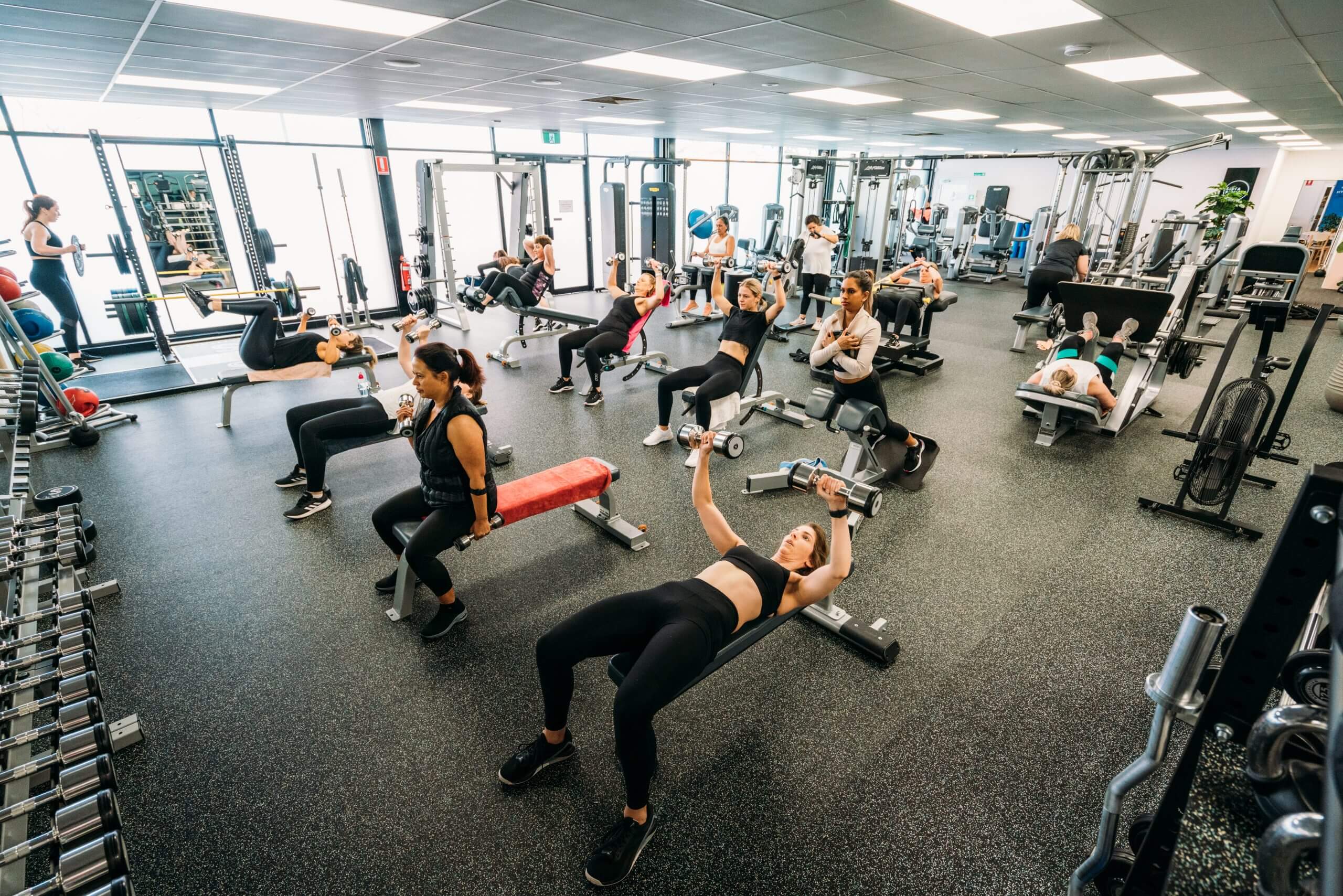 Women exercising on various equipment at the gym